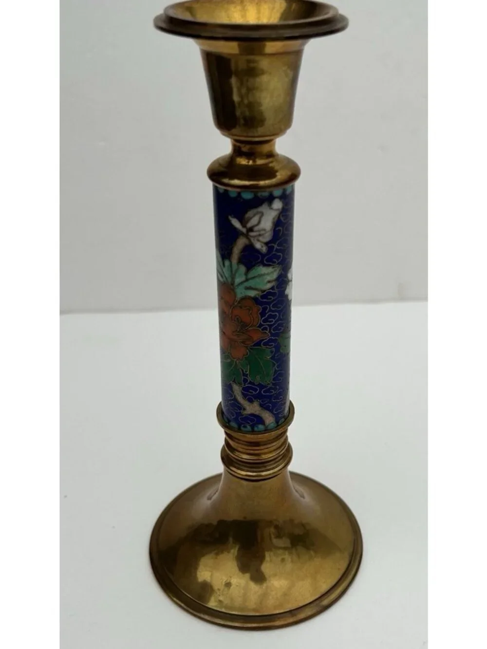 Vintage Brass Enamel Asian Bird Cloisonne Blue Candlestick Candle Holder 7.75”